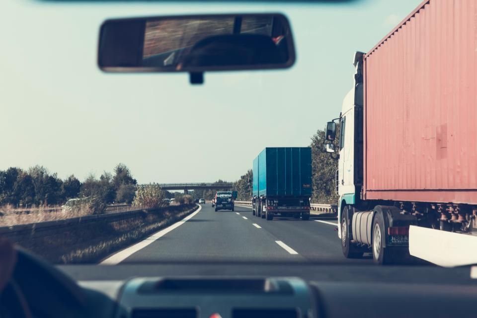 The view forward from a truck cab on the interstate, the working day of the DOT regulated drivers we test